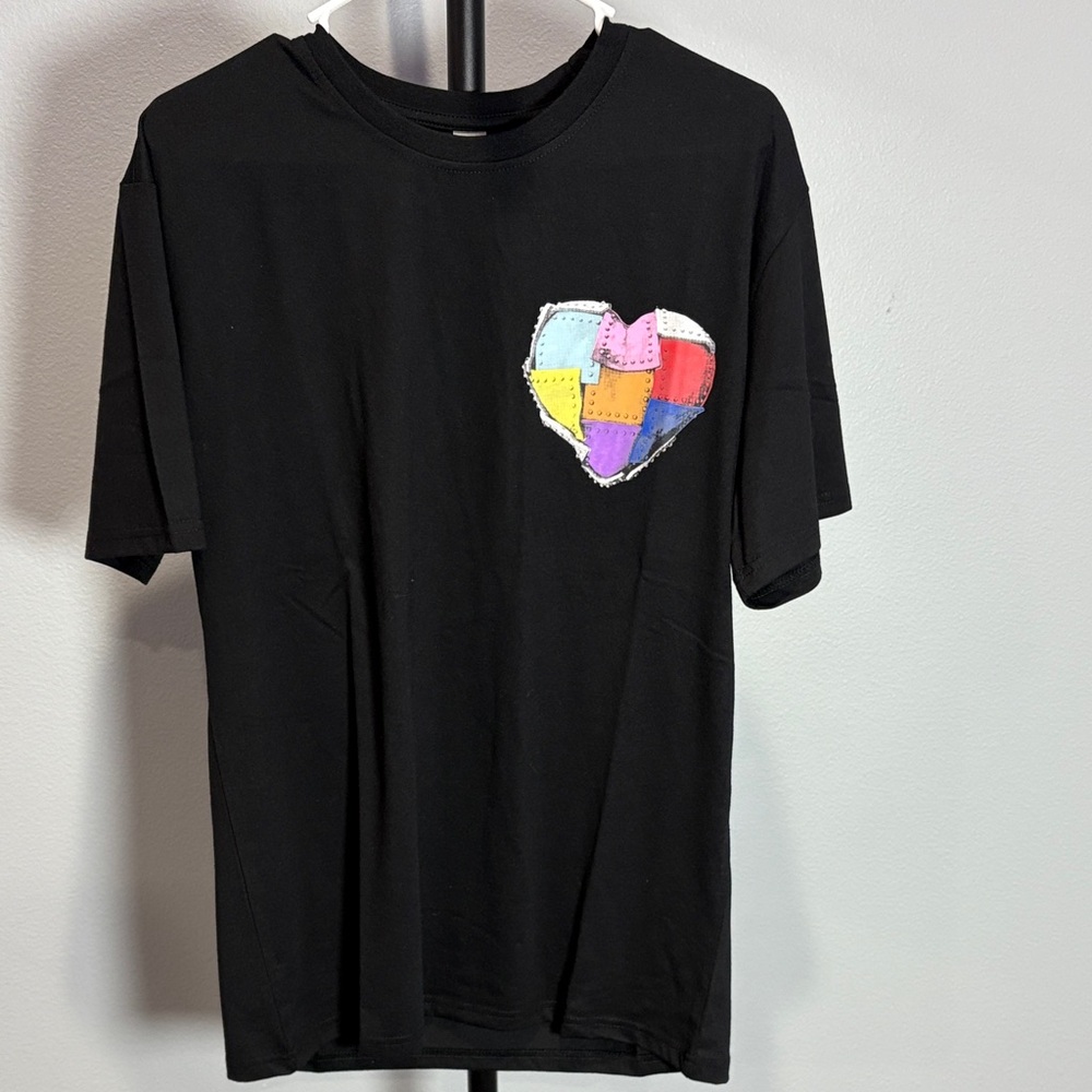 Black T-Shirt with Colorful Heart Patch “Adore Your Purpose”